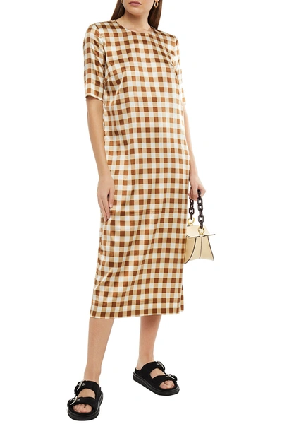 Shop Ganni Gingham Silk-blend Satin Midi Dress In Light Brown