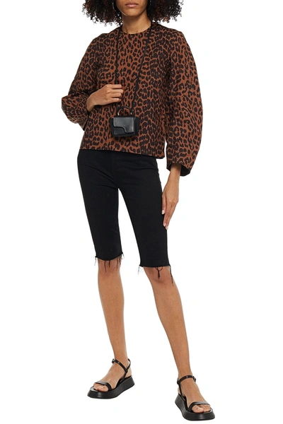 Shop Ganni Gathered Leopard-print Organic Cotton-poplin Blouse In Animal Print