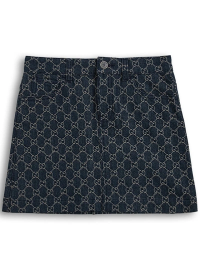 Shop Gucci Kids Gg Jacquard Denim Skirt In Blue