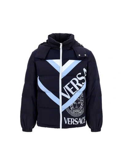 Shop Versace Logo Printed Hooded Puffer Jacket In Multi