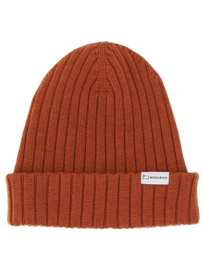 Shop Woolrich Logo Patch Ribbed Beanie In Orange