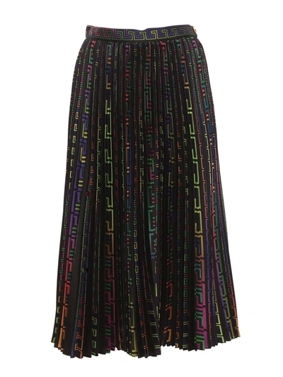 Shop Versace Greca Print Pleated Skirt In Black