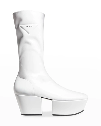 Prada Triangle Logo Platform Sole Boots In Bianco