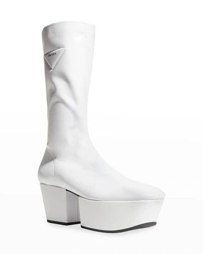 Prada Triangle Logo Platform Sole Boots In Bianco