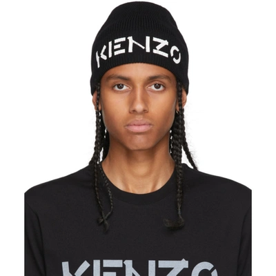 Kenzo Black Printed Distressed Logo Beanie | ModeSens