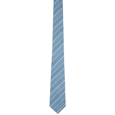 Shop Alexander Mcqueen Blue & Pink Silk Ruled Logo Tie In 4872 Bluette/pink