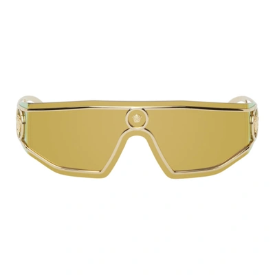 Shop Versace Gold Shield Medusa Sunglasses In Gold/gold