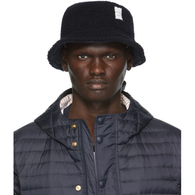 Shop Thom Browne Navy Shearling Bucket Hat In 415 Navy