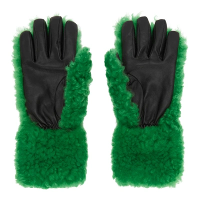 Shop Bottega Veneta Green Shearling Gloves In 3736 Parakeet Black