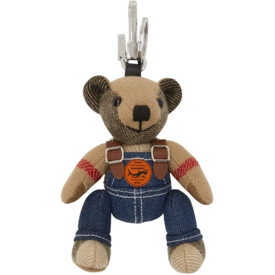 Shop Burberry Beige Thomas Bear In Denim Keychain In Archive Bei