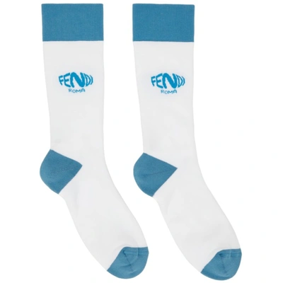 Shop Fendi White & Blue Fish-eye Logo Socks