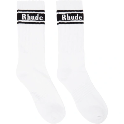 White & Black Stripe Logo Socks In White,black