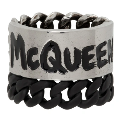 Shop Alexander Mcqueen Silver & Black Gaff Chain Ring In 1060 A.silver/black