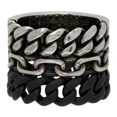 Shop Alexander Mcqueen Silver & Black Gaff Chain Ring In 1060 A.silver/black