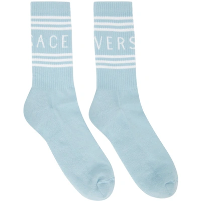 Shop Versace Blue & White Logo Socks In 2u320 Light Blue