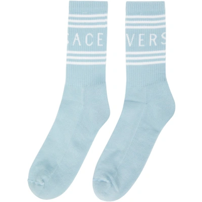 Shop Versace Blue & White Logo Socks In 2u320 Light Blue