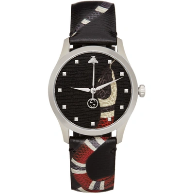 Shop Gucci Black & Silver 38mm G-timeless Snake Watch In Black/silver