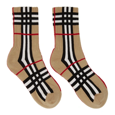 Shop Burberry Beige Intarsia Check Technical Stretch Socks In Archive Beige