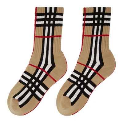 Shop Burberry Beige Intarsia Check Technical Stretch Socks In Archive Beige