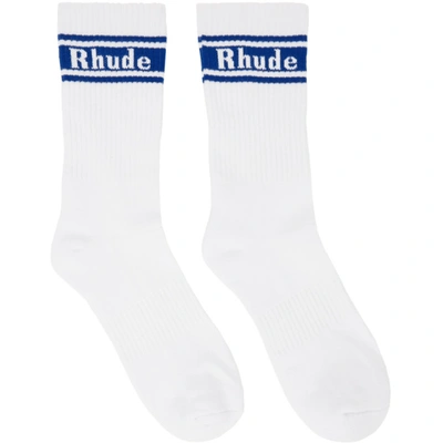 Shop Rhude White & Blue Stripe Logo Socks In White/royal Blue0501