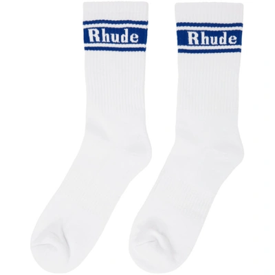 Shop Rhude White & Blue Stripe Logo Socks In White/royal Blue0501