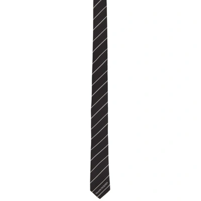 Shop Alexander Mcqueen Black & White Silk Ruled Logo Tie In 1078 Black/ivory