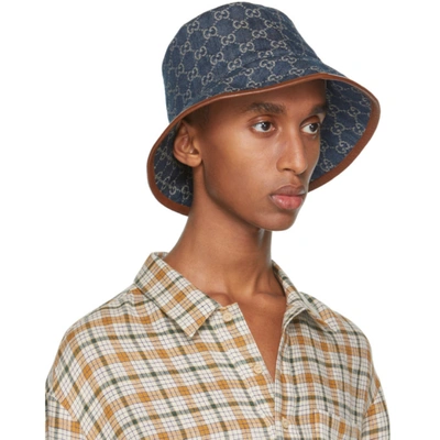 Shop Gucci Blue & Brown Canvas Gg Bucket Hat In 4264 Sapphi
