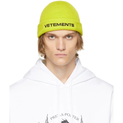 Shop Vetements Yellow Merino Wool Logo Beanie In Neon Yellow / Black