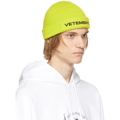 Shop Vetements Yellow Merino Wool Logo Beanie In Neon Yellow / Black