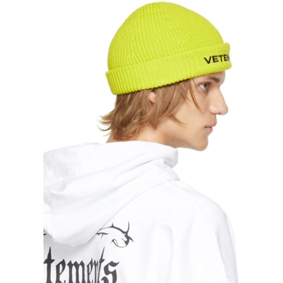 Shop Vetements Yellow Merino Wool Logo Beanie In Neon Yellow / Black