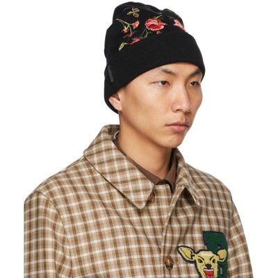 Shop Burberry Black Merino Embroidered Rose Beanie