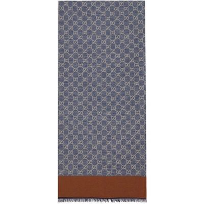 Shop Gucci Blue Cotton Jacquard Gg Scarf In 4178 Navy/ivory