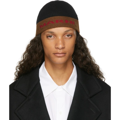 Shop Marni Black & Brown Jacquard Logo Beanie In V2n99 Blac