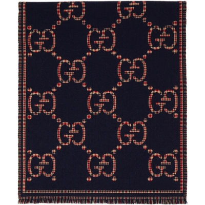 Shop Gucci Navy Wool Gg Scarf In 4174 Navy/red