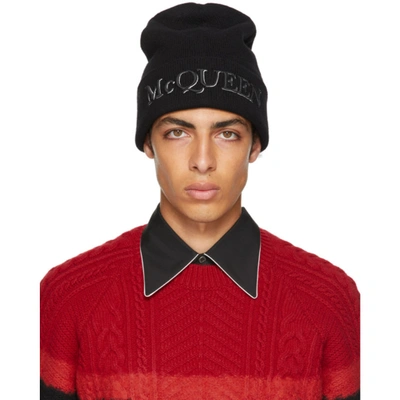 Shop Alexander Mcqueen Black Logo Beanie In 1078 Black/ivory