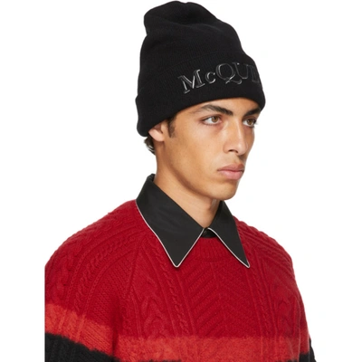 Shop Alexander Mcqueen Black Logo Beanie In 1078 Black/ivory