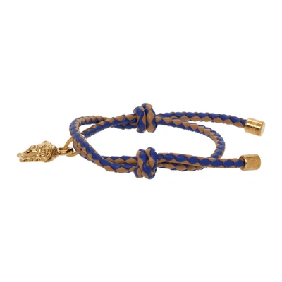 Shop Versace Blue & Brown Braided Leather Medusa Bracelet In 2u55v Blue