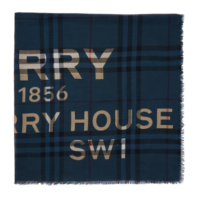 Shop Burberry Blue Silk Check 'horseferry' Scarf In Ink Blue