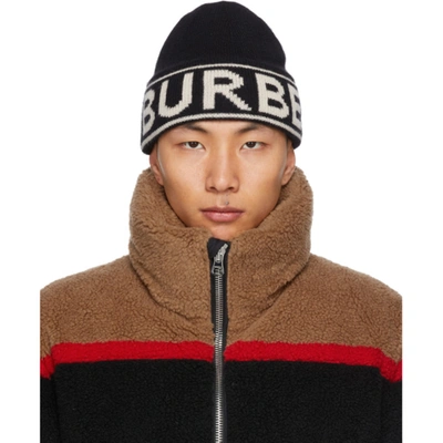 Shop Burberry Black Cashmere Intarsia Logo Beanie