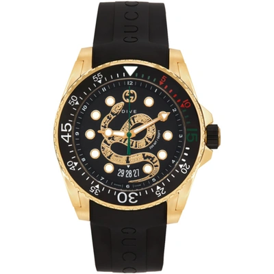 Shop Gucci Black & Gold Snake Dive Watch In Black/gold