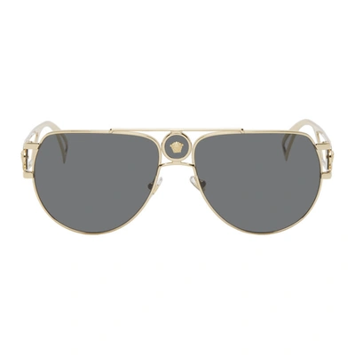 Shop Versace Gold Medusa Pilot Sunglasses In Gold/grey