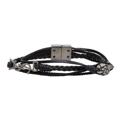 Shop Saint Laurent Black Leather Braided Pineapple Monogram Bracelet In 1000 Black