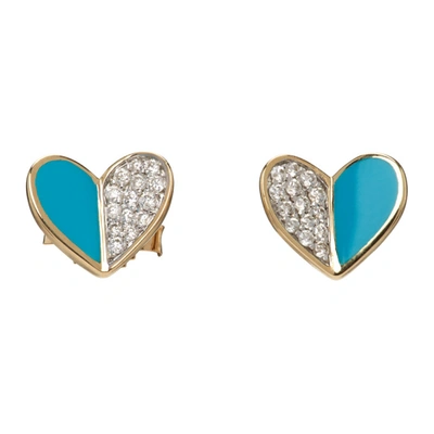 Shop Adina Reyter Gold & Blue Ceramic Pavé Folded Heart Earrings In Gold/turquoise