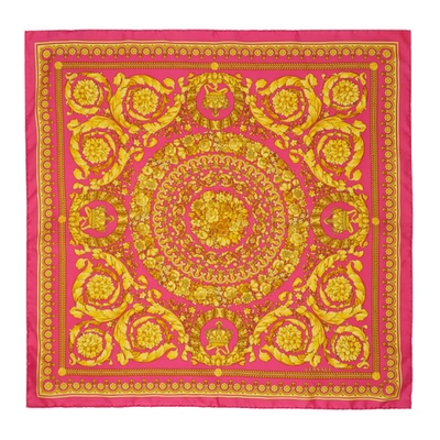 Shop Versace Pink & Gold Barocco Print Scarf In 5p030 Fuxia Gold