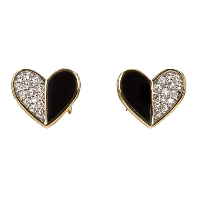 Shop Adina Reyter Gold & Black Ceramic Pavé Folded Heart Earrings In Gold/onyx