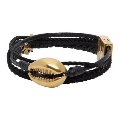Shop Saint Laurent Black Leather Braided Monogram Bracelet In 1000 Black/black