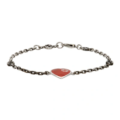 Shop Gucci Silver & Red Interlocking G Heart Bracelet In Silver/red