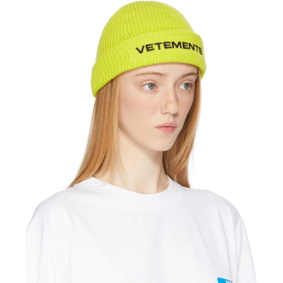 Shop Vetements Yellow Merino Wool Logo Beanie In Neon Yellow/black
