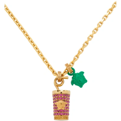 Shop Versace Gold Charm & Medusa Necklace In 4j130 Gold Fuchsia B