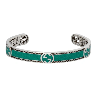 Shop Gucci Green Interlocking G Cuff Bracelet In Silver/turq